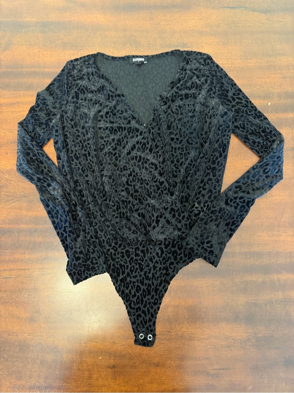 Express Black Velvet Leopard-Print Long Sleeve V-Neck Bodysuit